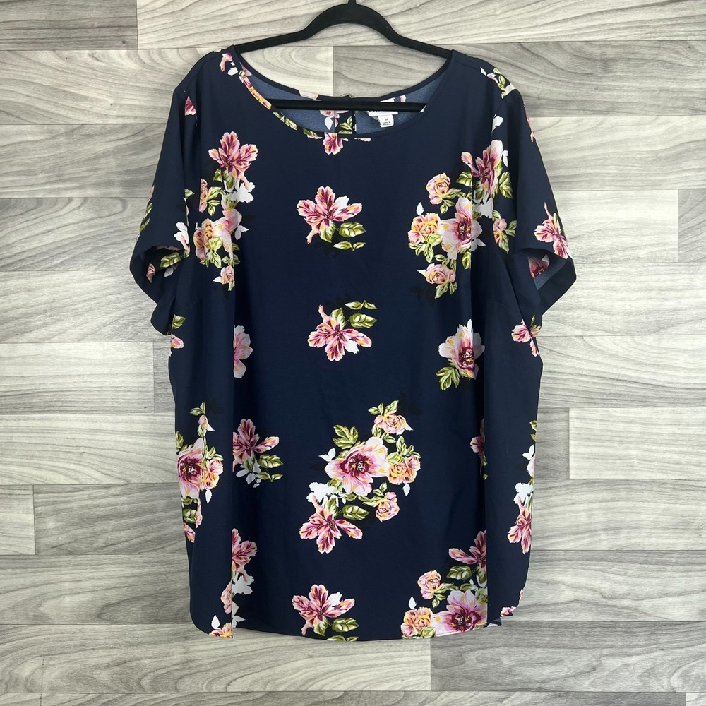 Ava & Viv Tunic Top Womens 3X Navy Blue Floral Short Sleeve Stretch Button Front